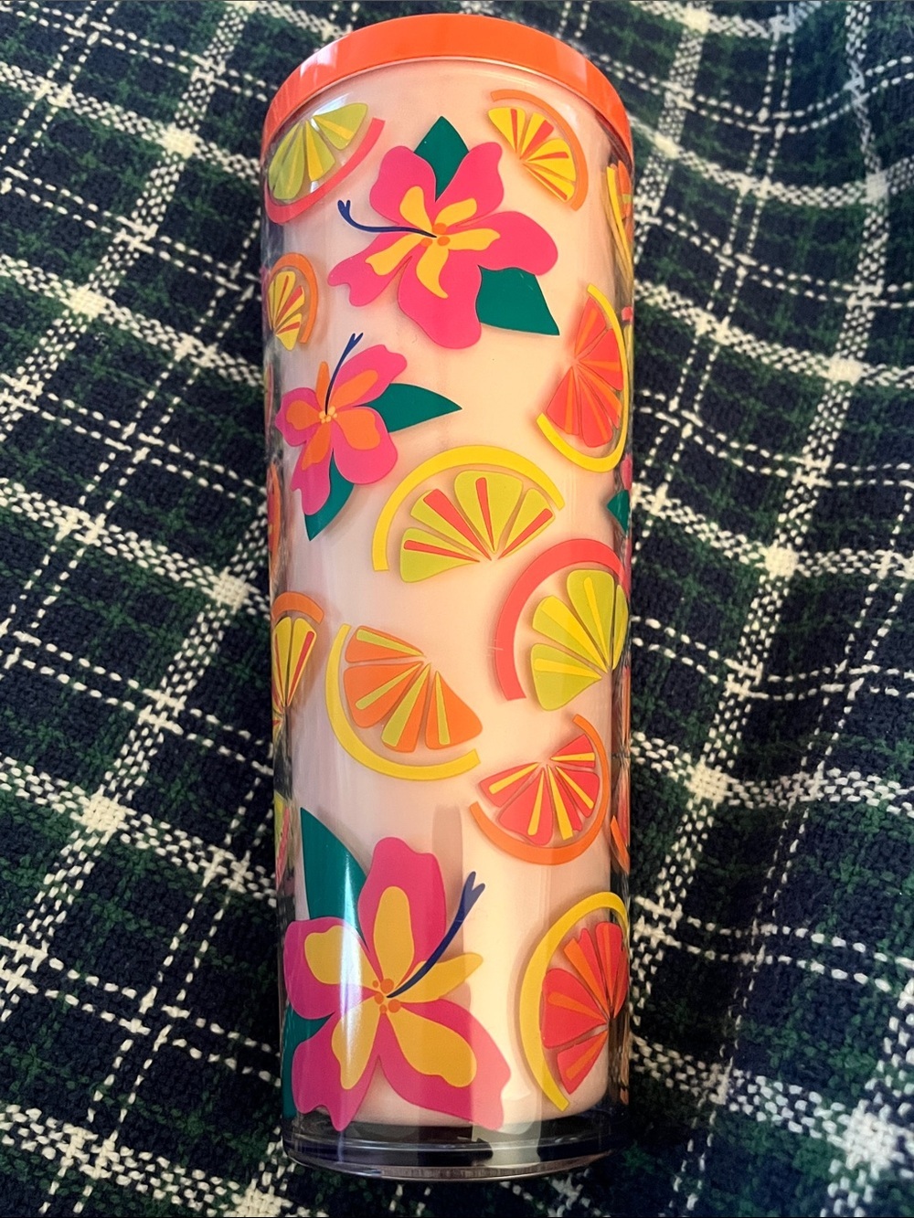 Tropical Citrus Floral Double-Wall Tumbler - Pink/Orange NEW